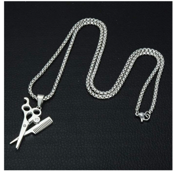 Barber Necklace Barbershop Comb Siscors Silver - Picture 2 of 2